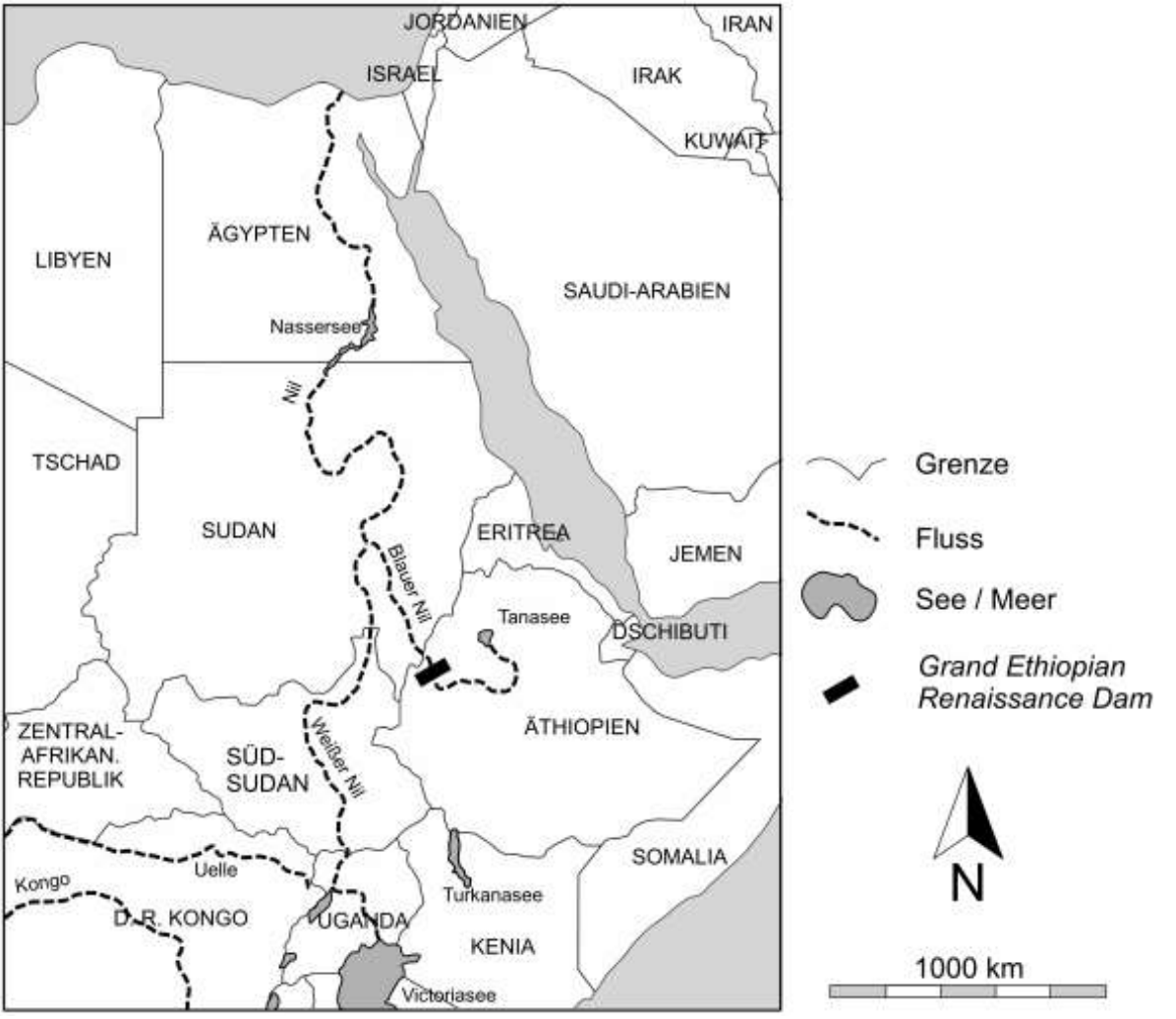 Schwarz-weiß Karte Nordostafrika mit Ländern, Nilverlauf, Seen und Grand Ethiopian Renaissance Dam.